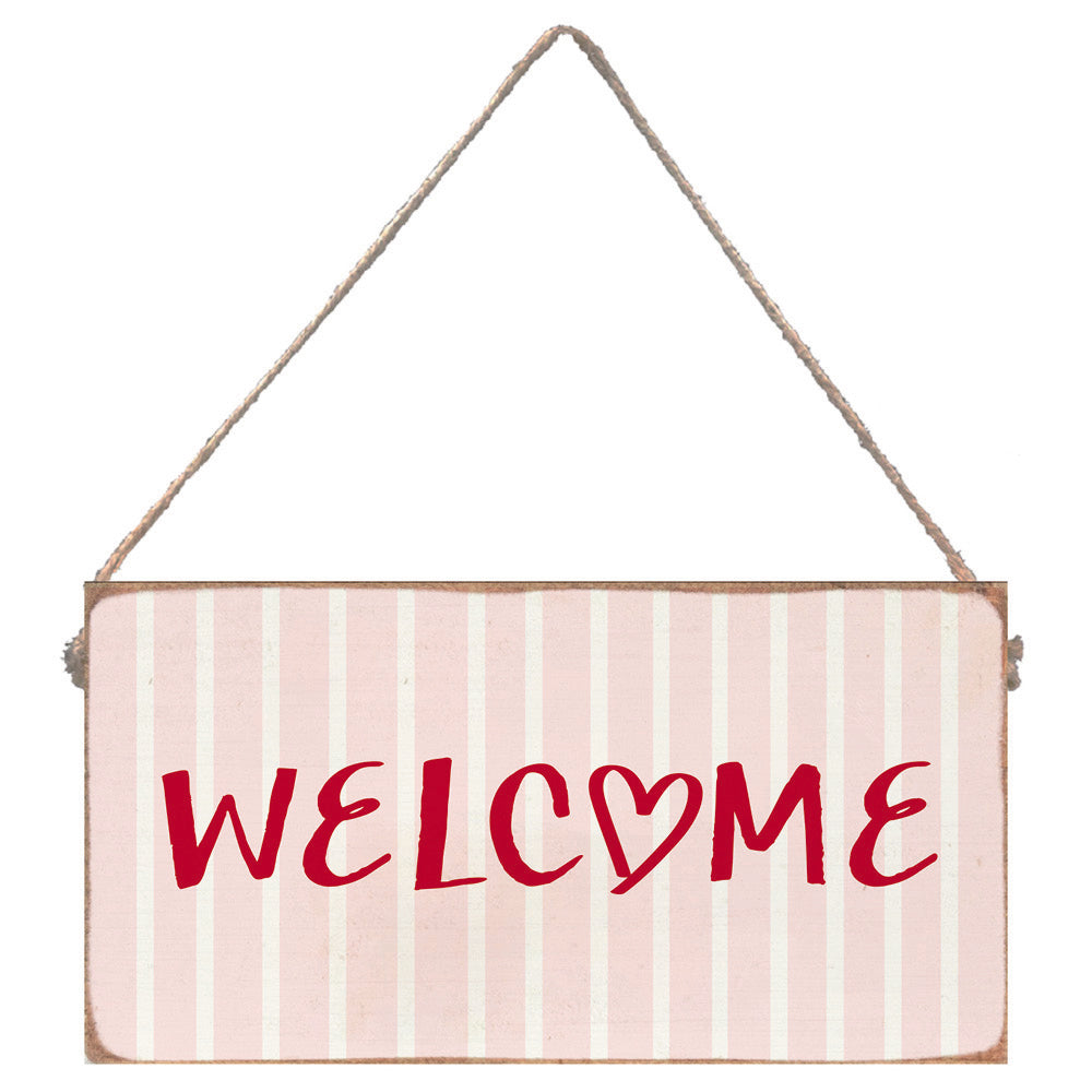 Pink Striped Welcome Heart Twine Hanging Sign