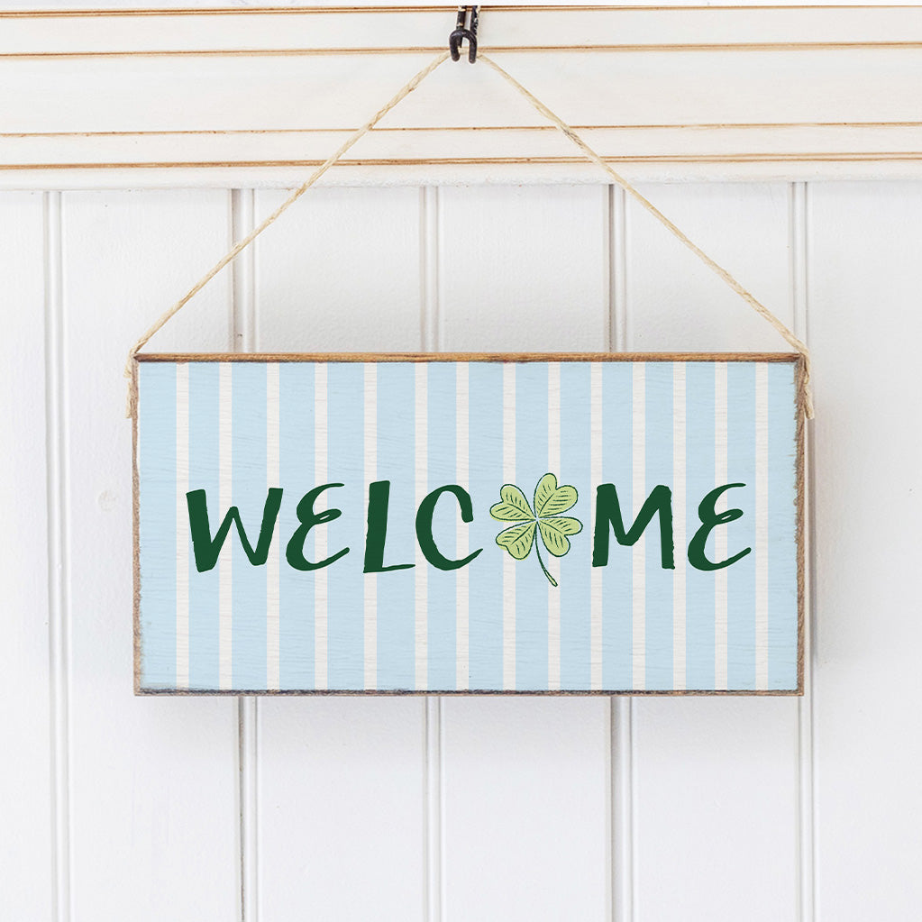 Blue Striped Shamrock Welcome Twine Hanging Sign