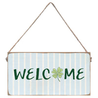 Blue Striped Shamrock Welcome Twine Hanging Sign