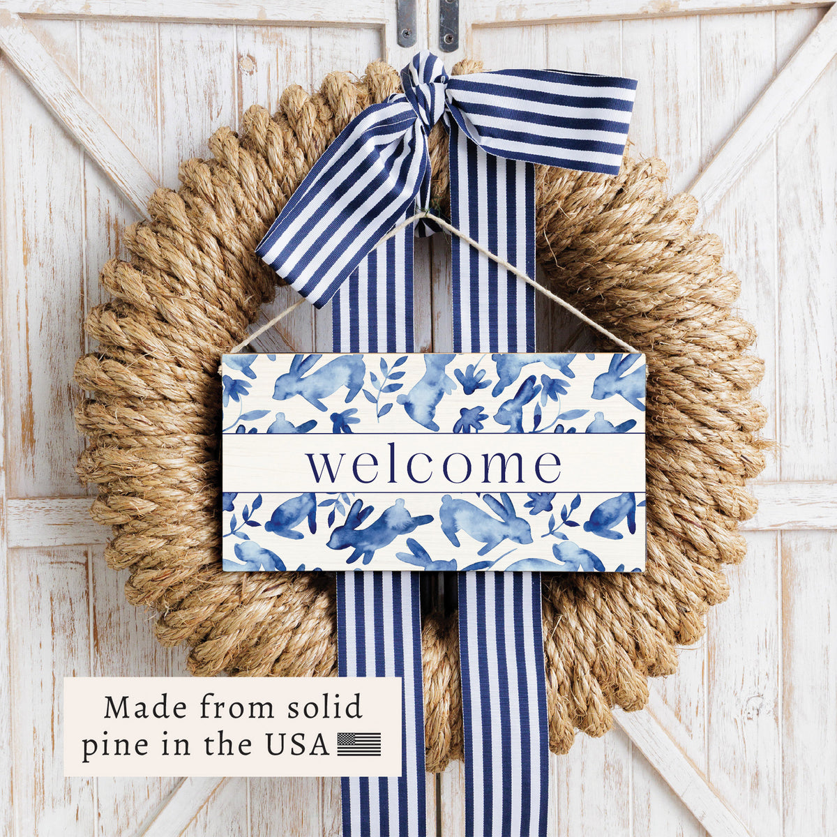 Blue Bunnies Welcome Twine Sign