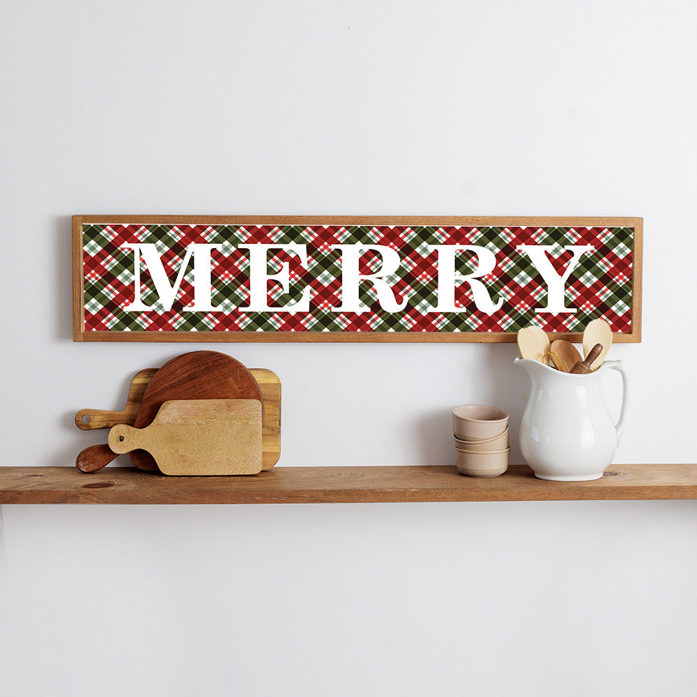 Merry Holiday Plaid Horizontal Framed Barn Wood Sign