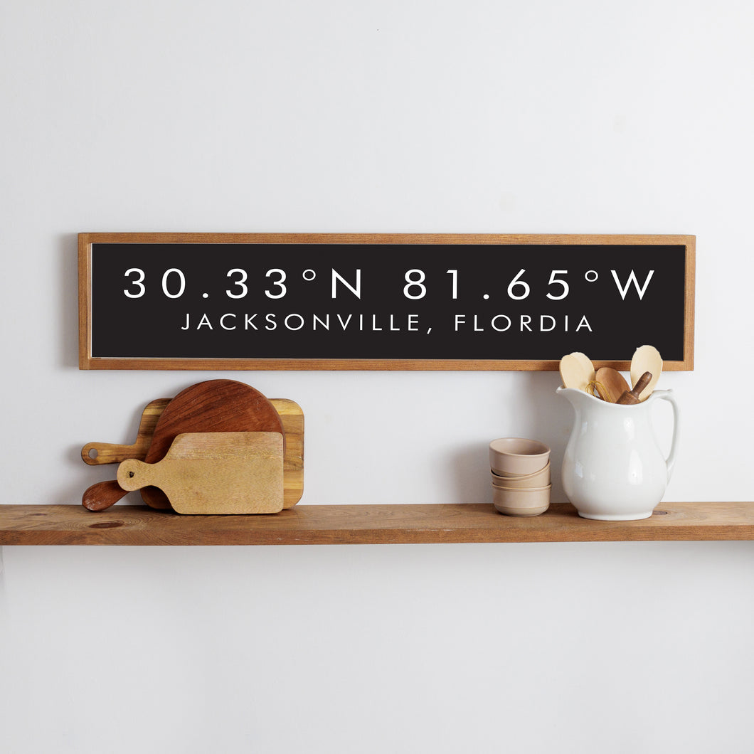 Personalized Coordinates & Your Word Framed Barn Wood Sign
