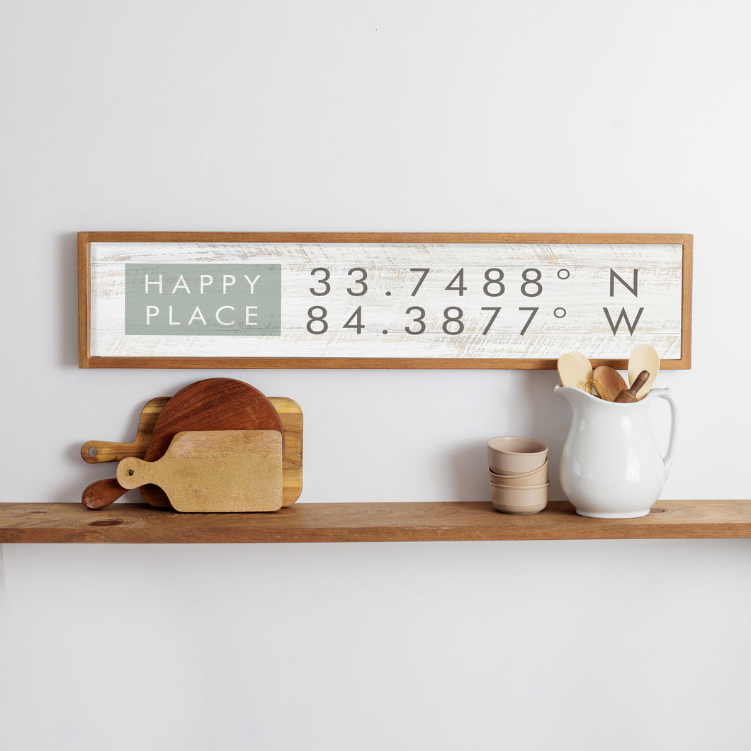 Personalized Happy Place Coordinates Framed Barn Wood Sign