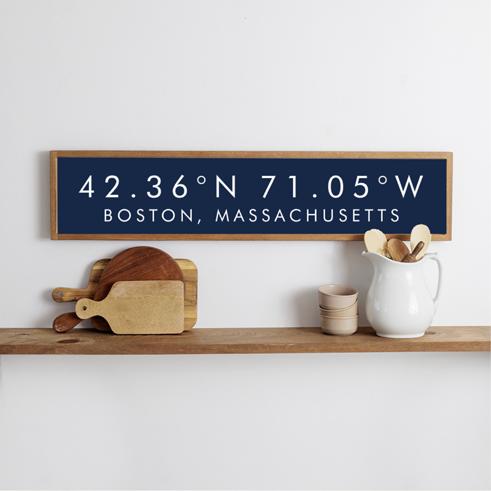 Personalized Navy Coordinates & Your Word Framed Barn Wood Sign