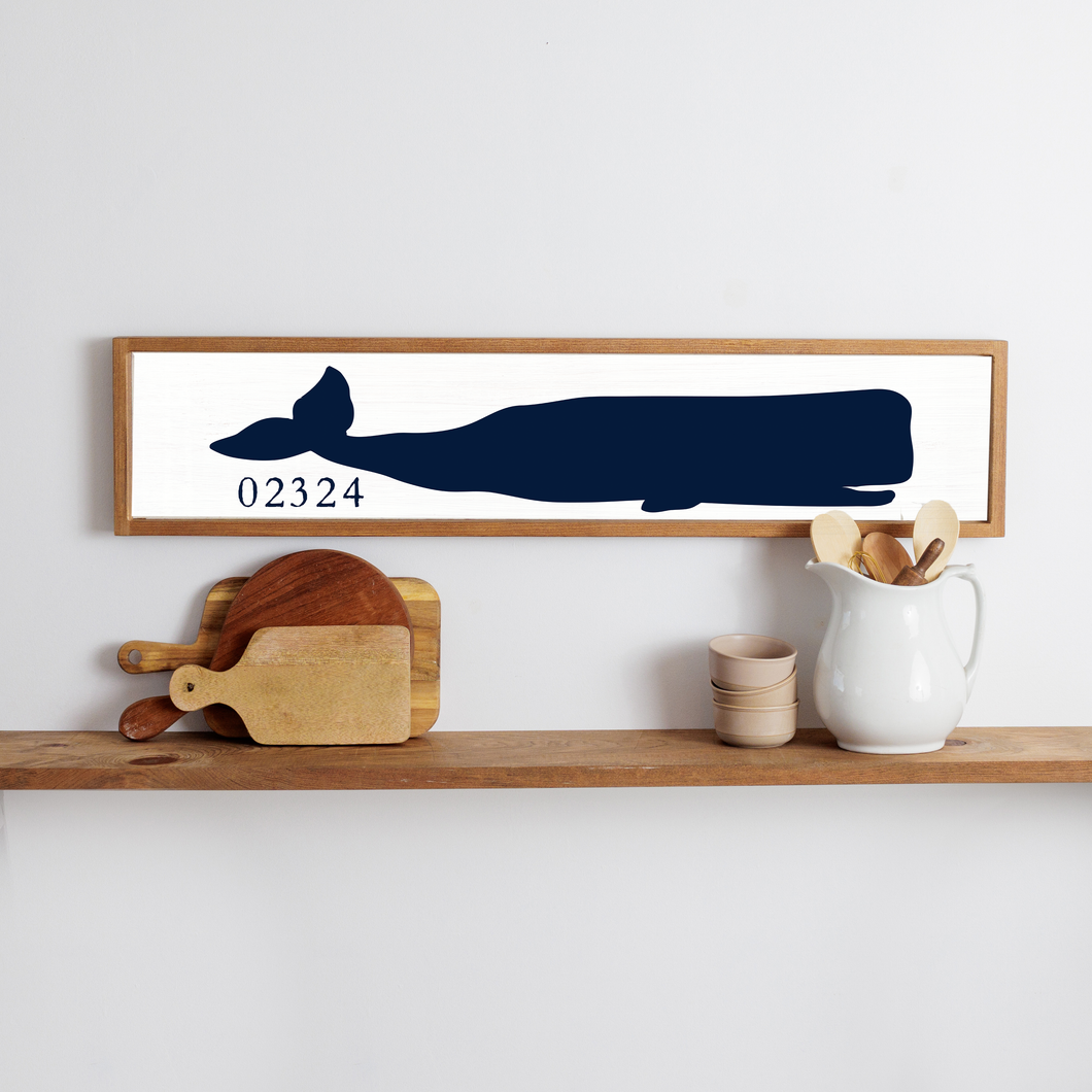 Personalized Zip Code Navy Whale Framed Barn Wood Sign