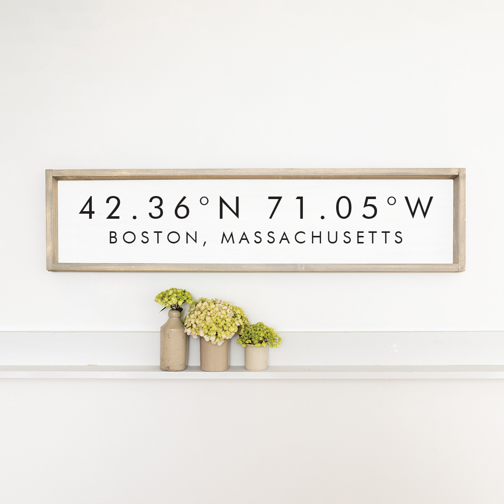 White and Black Coordinates & Your Word Framed Personalized Barnwood Sign