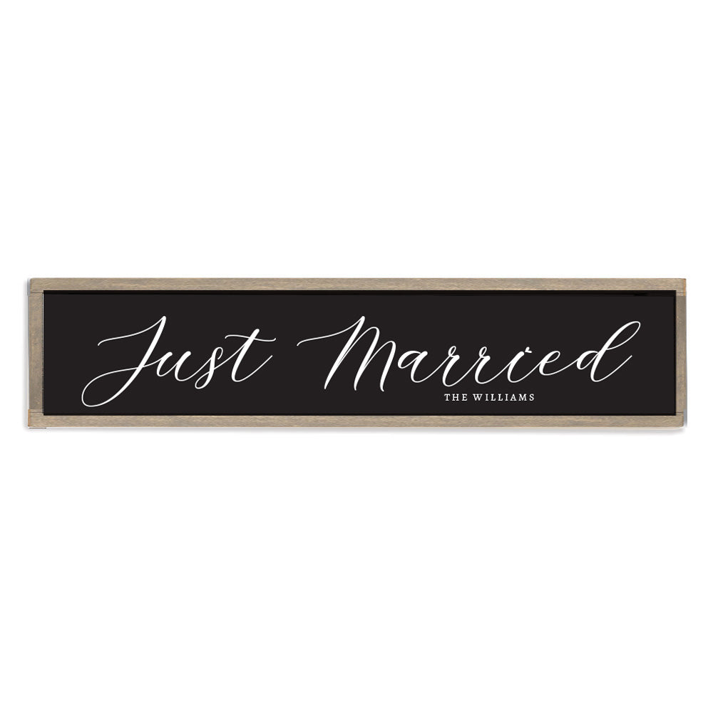 Just Married Black Script Personalized Barn Wood Sign