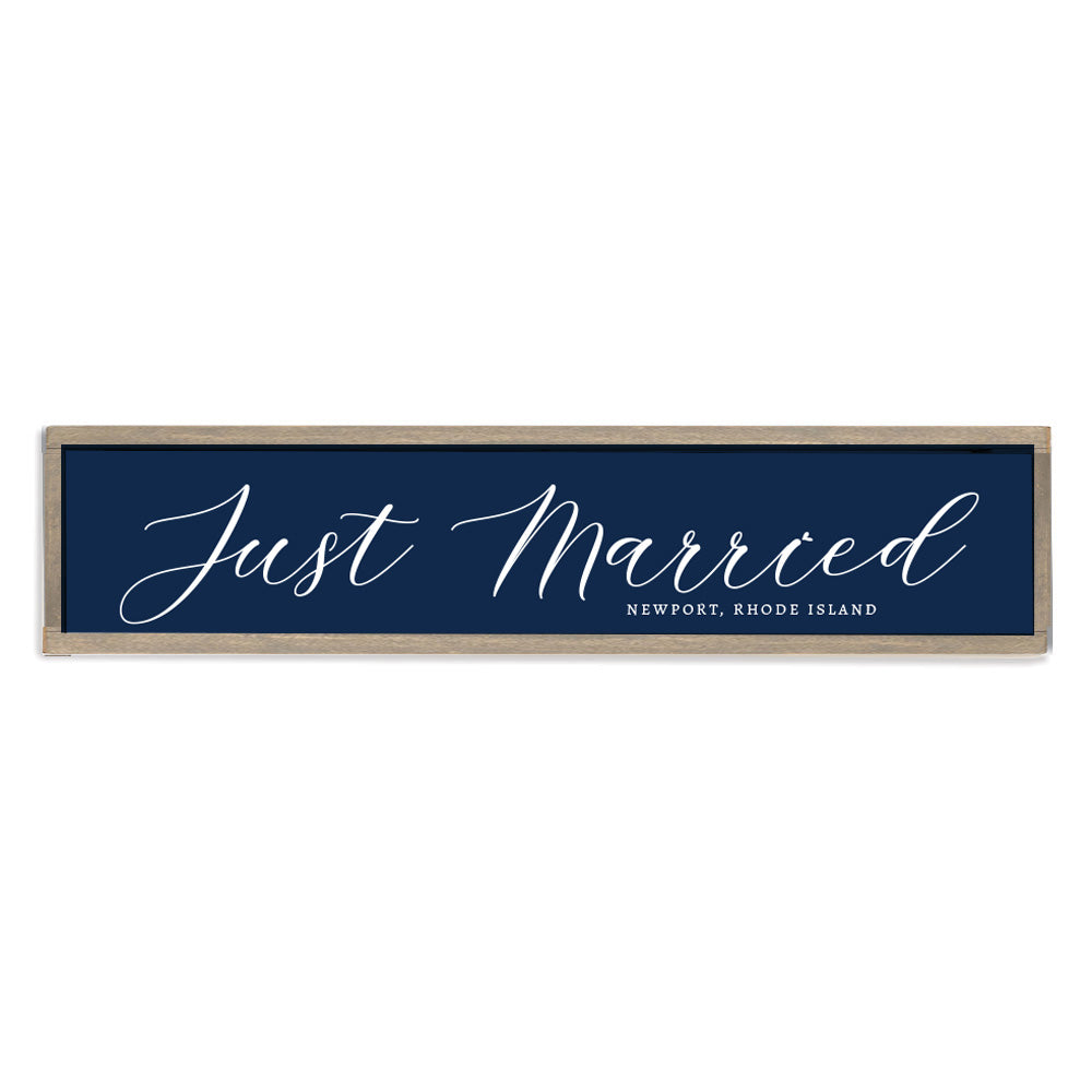 Just Married Navy Script Personalized Barn Wood Sign
