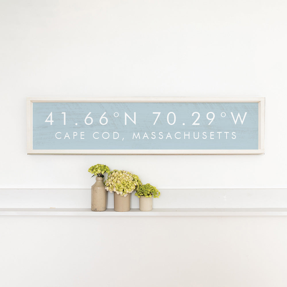 Light Blue Coordinates & Your Word Framed Personalized Barnwood Sign