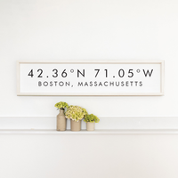 Modern Coordinates Personalized Barn Wood Sign - White & Black, White frame