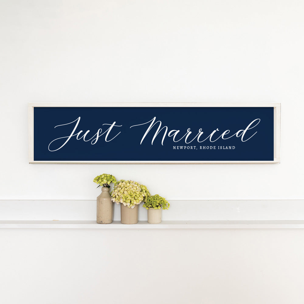 Just Married Navy Script Personalized Barn Wood Sign