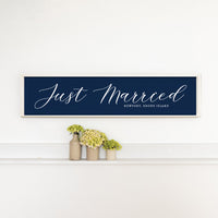 Just Married Navy Script Personalized Barn Wood Sign