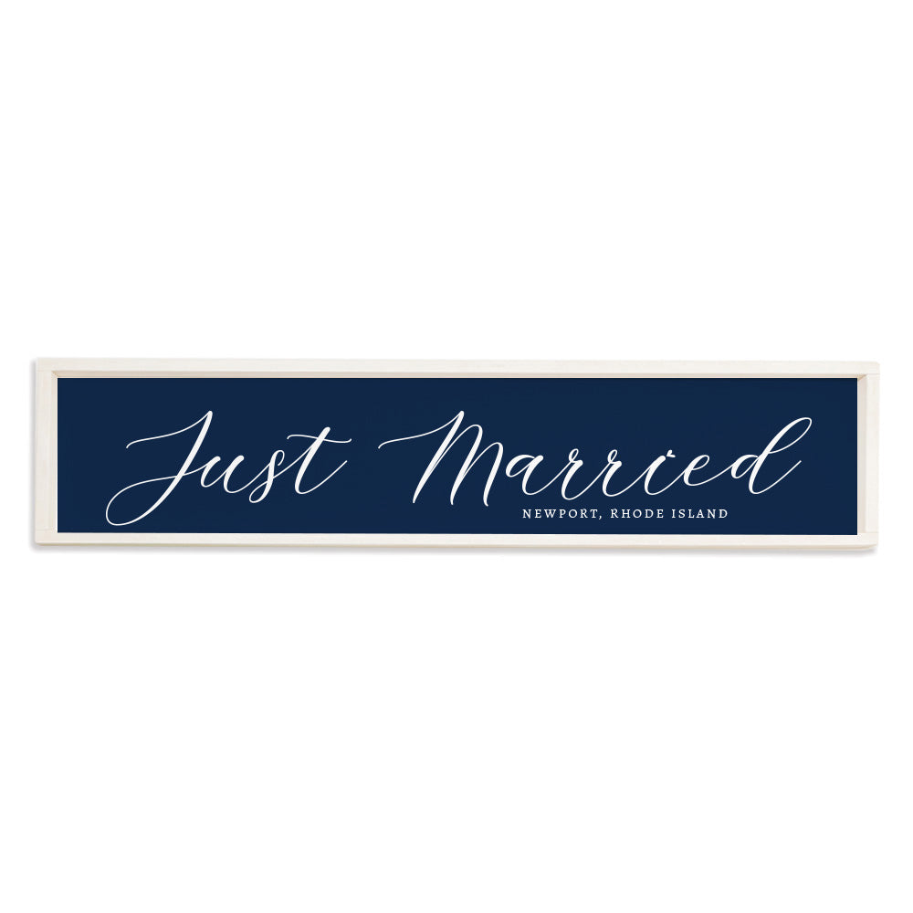 Just Married Navy Script Personalized Barn Wood Sign