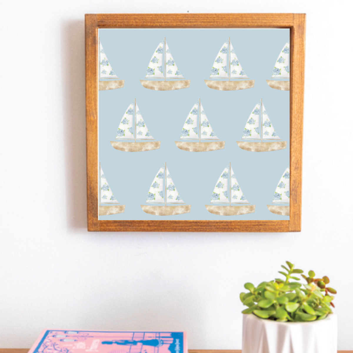 Repeating Hydrangea Sailboat 12” x 12” Wall Art