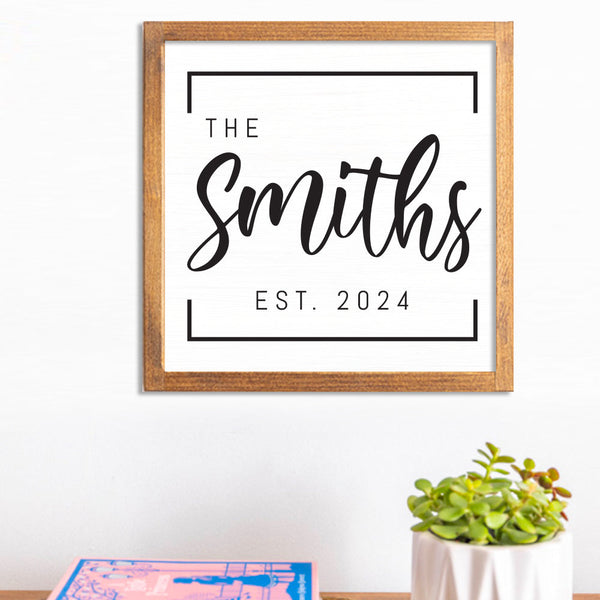 White/Black Family Name EST 12” x 12” Personalized Wall Art