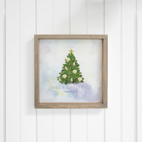 Personalized Coastal Christmas Evergreen Tree Square Twine Hanging Sign Wall Art