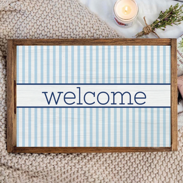 Light Blue Stripes Personalized Wooden Serving Tray