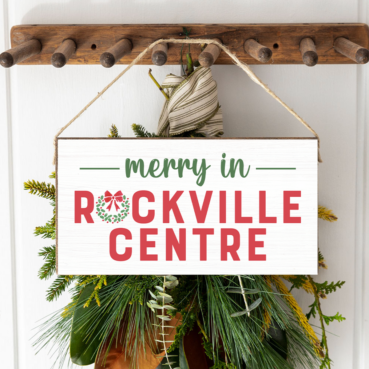 Exclusive Jeannine's Merry In Rockville Centre Twine Hanging Sign