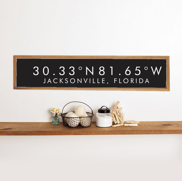 Personalized Coordinates & Your Word Framed Barn Wood Sign