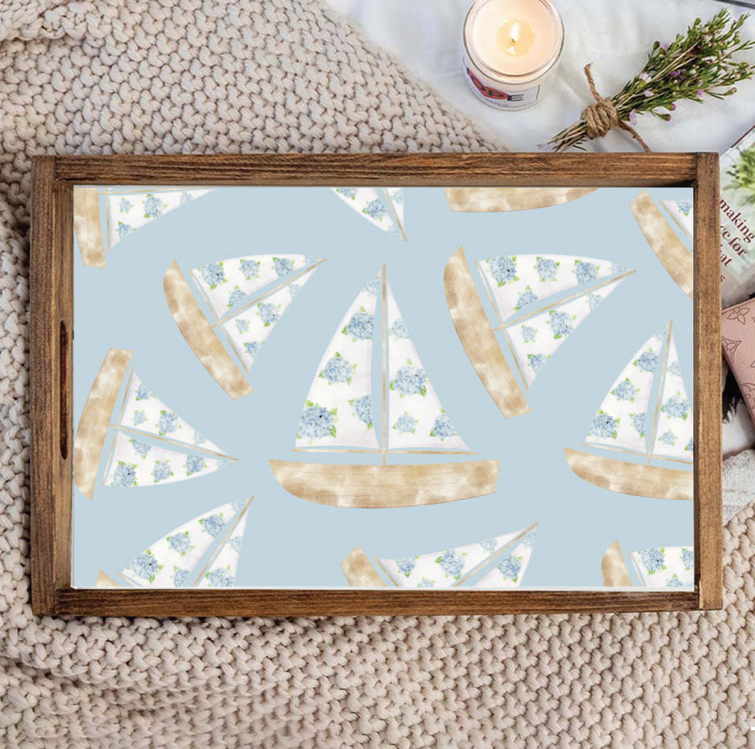 Repeating Hydrangea Sailboat Wooden Serving Tray