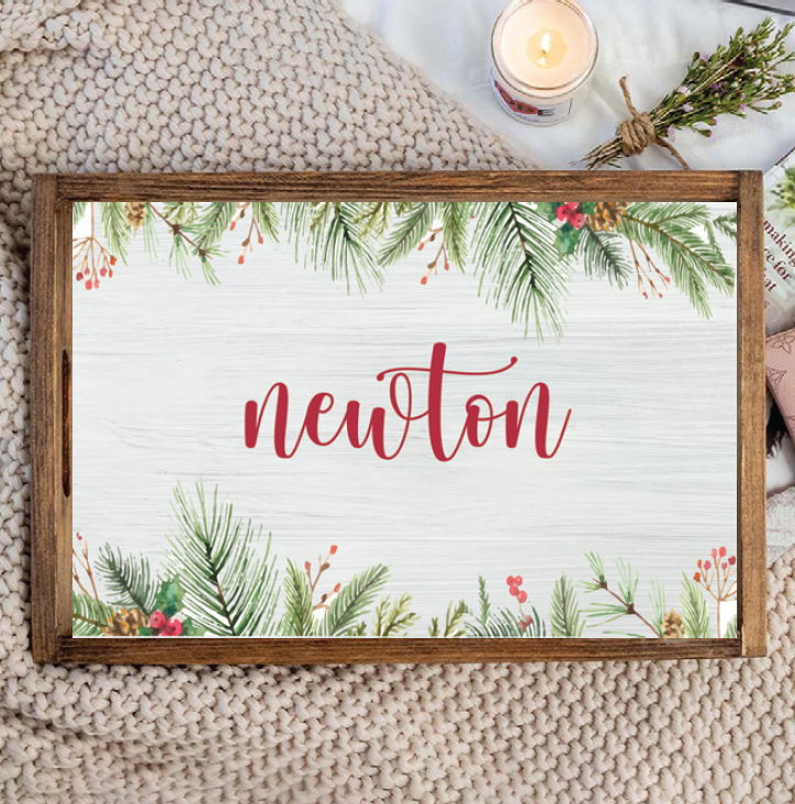 Personalized Holiday Wreath Wooden Serving Tray