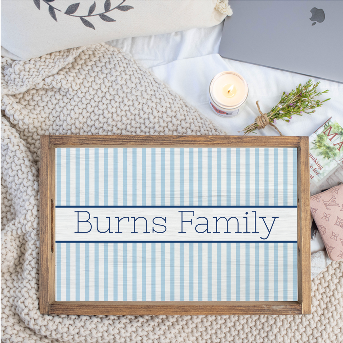Light Blue Stripes Personalized Wooden Serving Tray