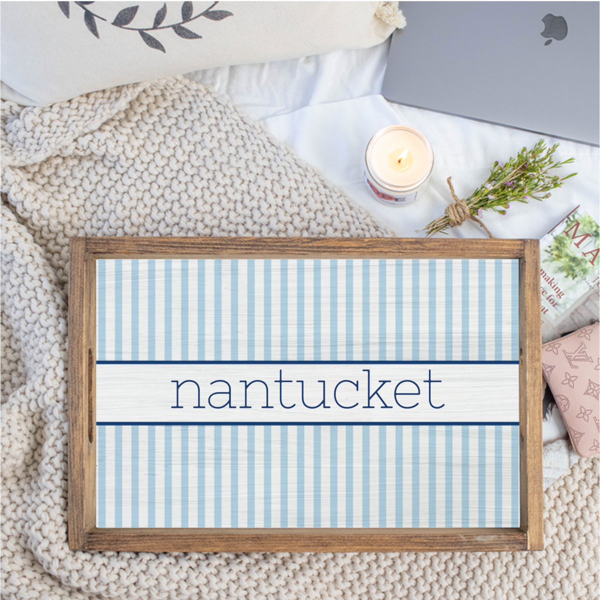 Light Blue Stripes Personalized Wooden Serving Tray