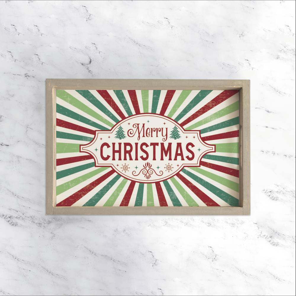 Merry Christmas Festive Stripe Wooden Serving Tray