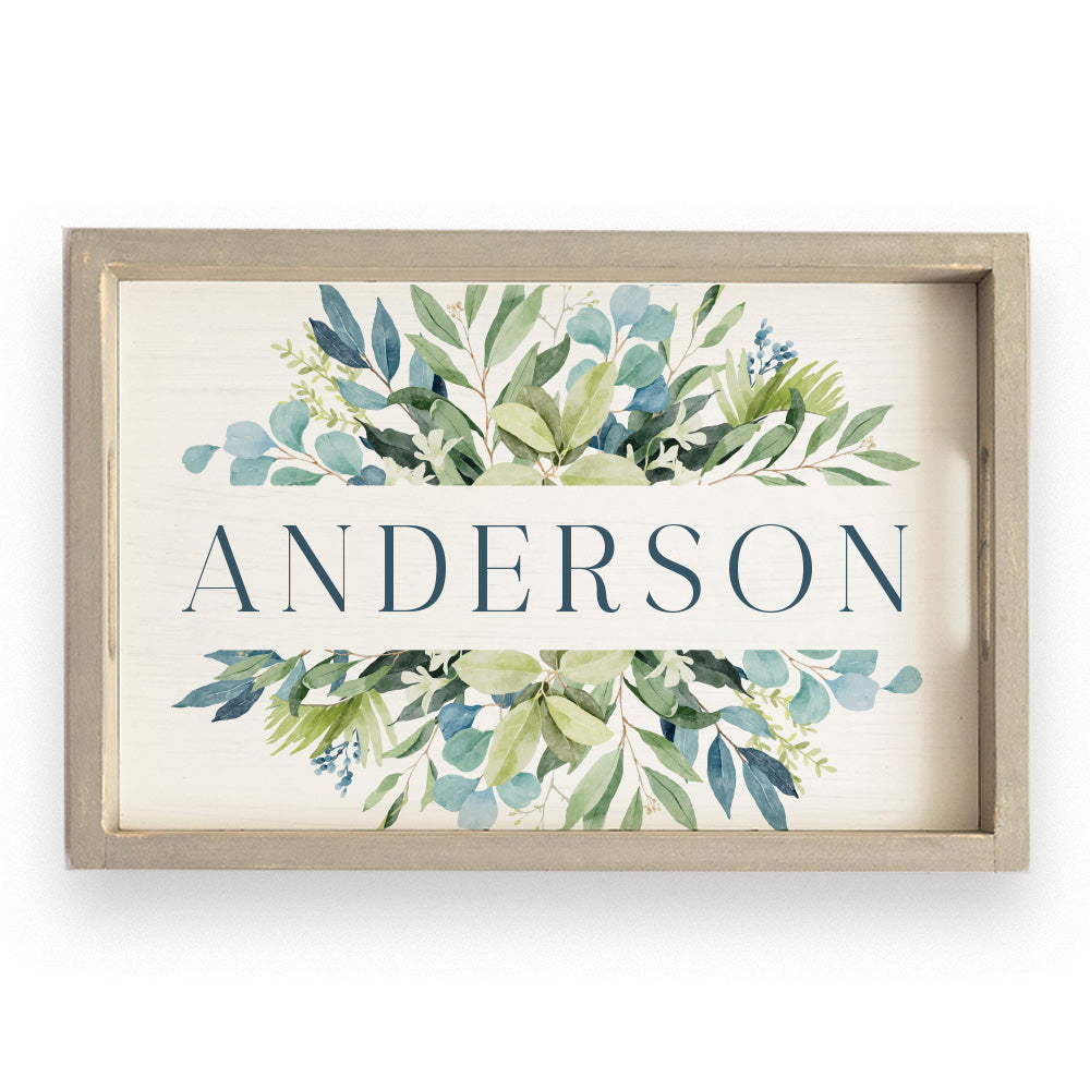 Green Blue Leaves Personalized Wooden Serving Tray
