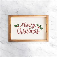 Personalized Merry Christmas Holly Leaves Wooden Serving Tray