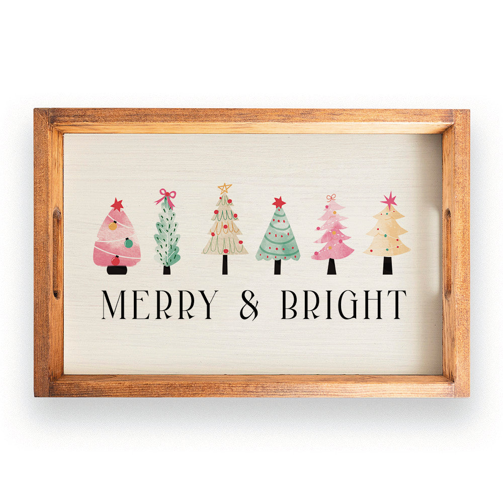 Merry & Bright Festive Christmas Trees Wooden Serving Tray