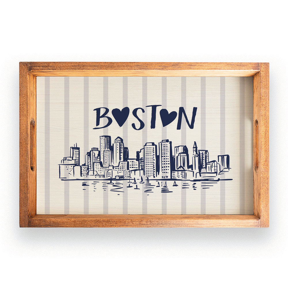 Boston Blue Striped Skyline Wooden Serving Tray