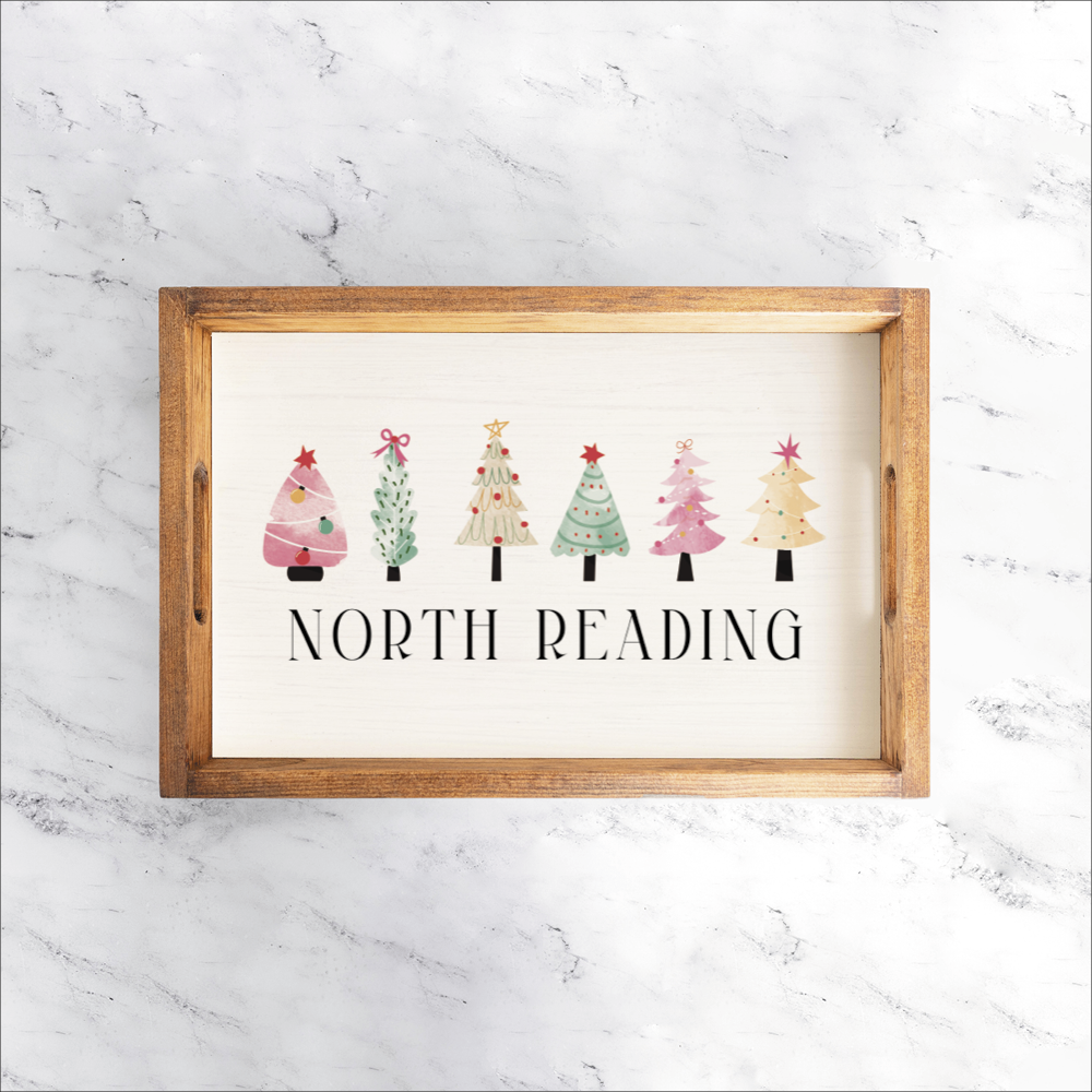 Personalized Merry & Bright Festive Christmas Trees Wooden Serving Tray