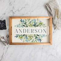 Green Blue Leaves Personalized Wooden Serving Tray