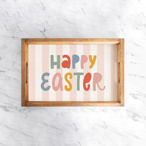 Pink Striped Happy Easter Wooden Serving Tray