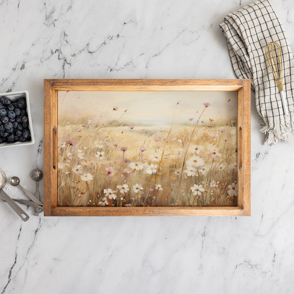 Field Of Flowers Landscape Woodedn Serving Tray