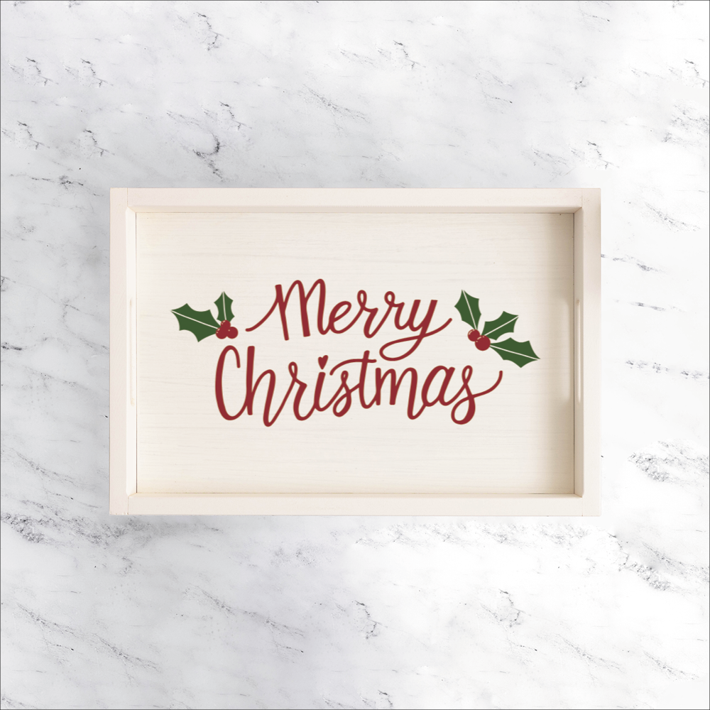 Personalized Merry Christmas Holly Leaves Wooden Serving Tray