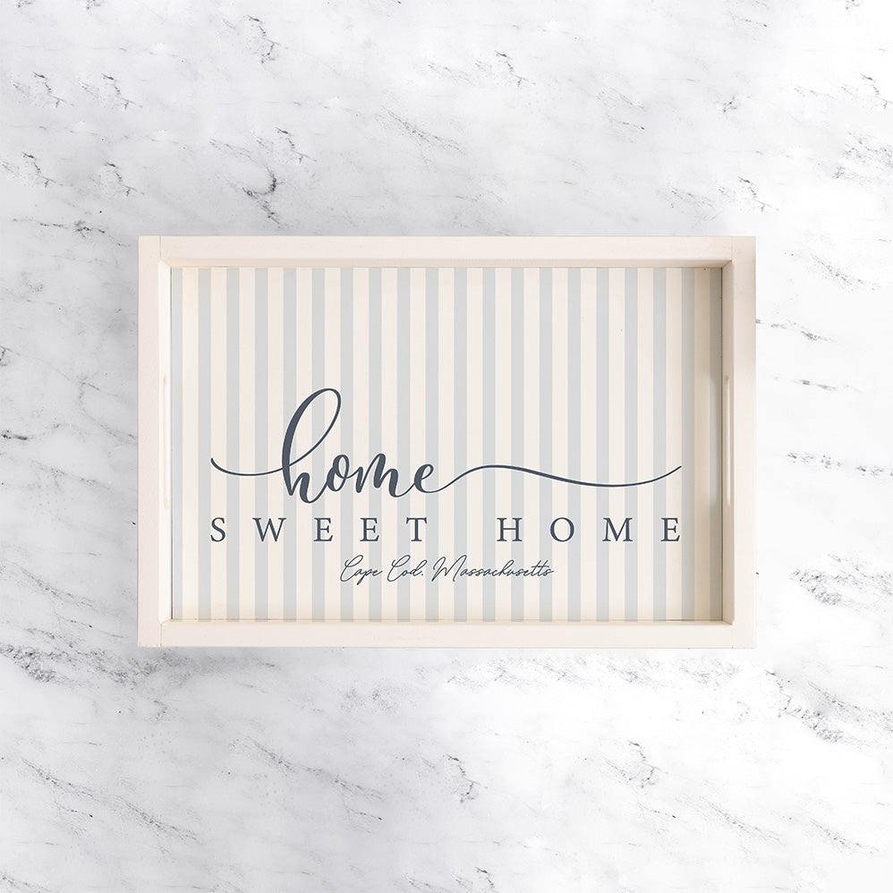 Personalized Blue and White Striped Home Sweet Home Wooden Serving Tray