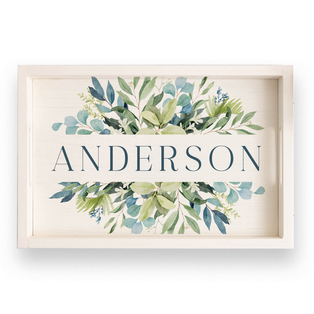 Green Blue Leaves Personalized Wooden Serving Tray