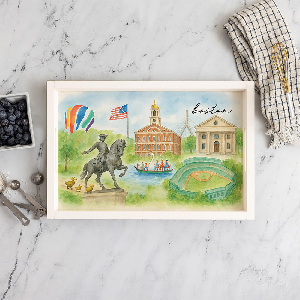 Boston Landmark Watercolor Wooden Serving Tray