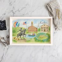 Boston Landmark Watercolor Wooden Serving Tray