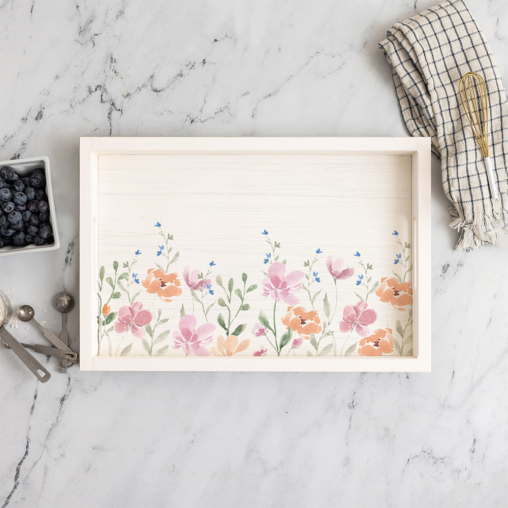 Orange And Pink Flowers Wooden Serving Tray