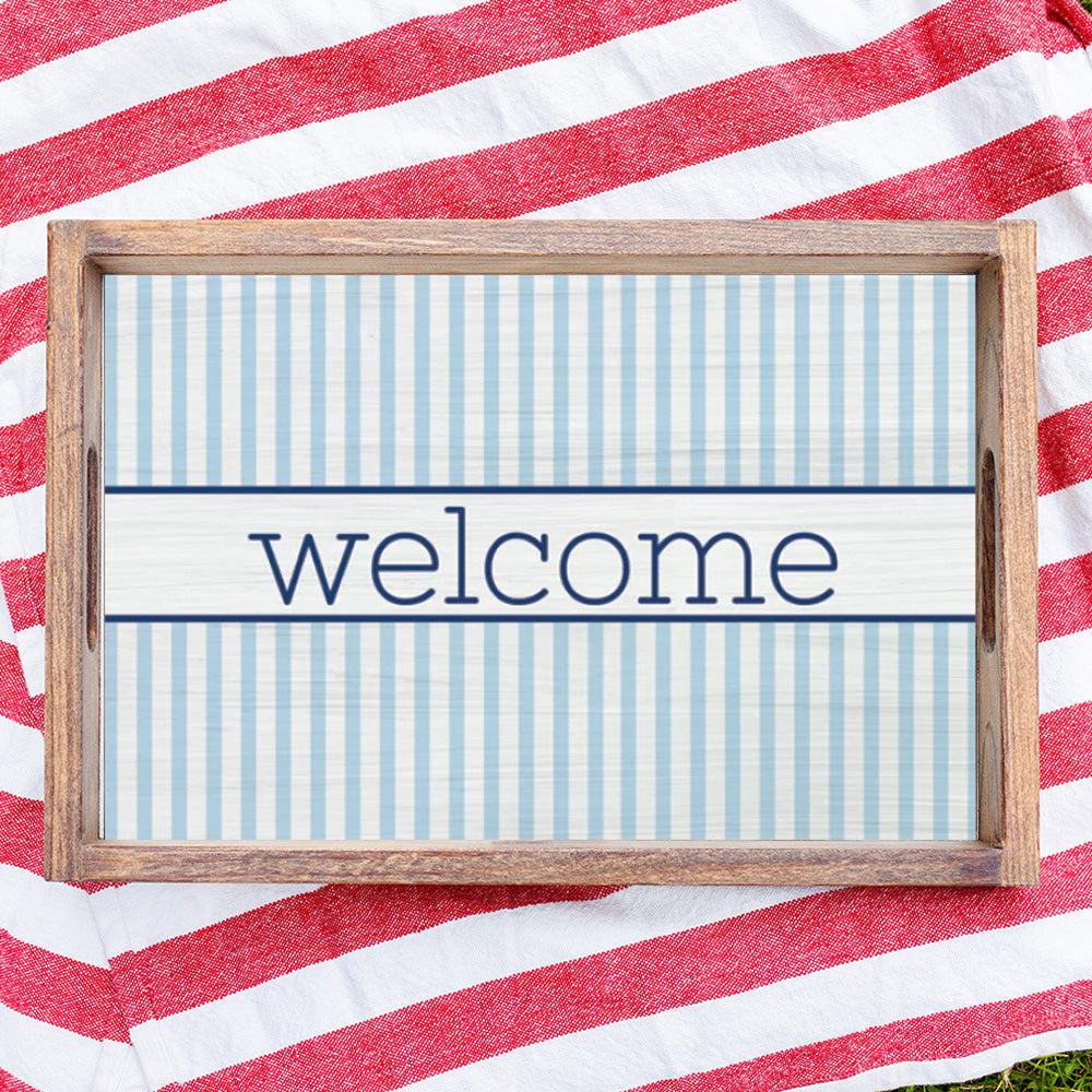 Light Blue Stripes Personalized Wooden Serving Tray