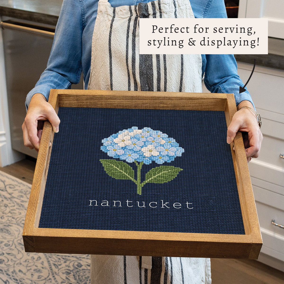 Hydrangea Printed Needlepoint Personalized Serving Tray