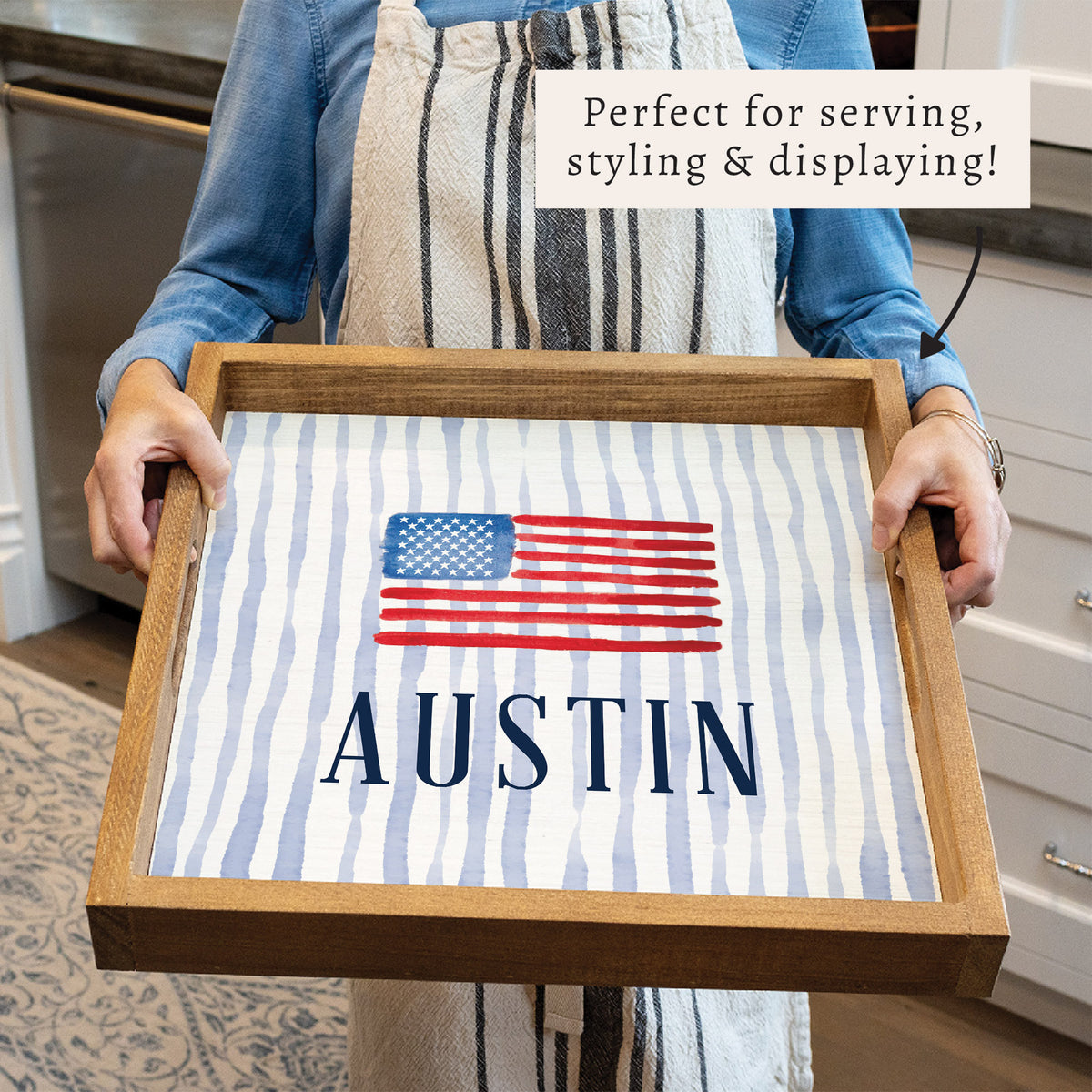 American Flag Watercolor Personalized Serving Tray