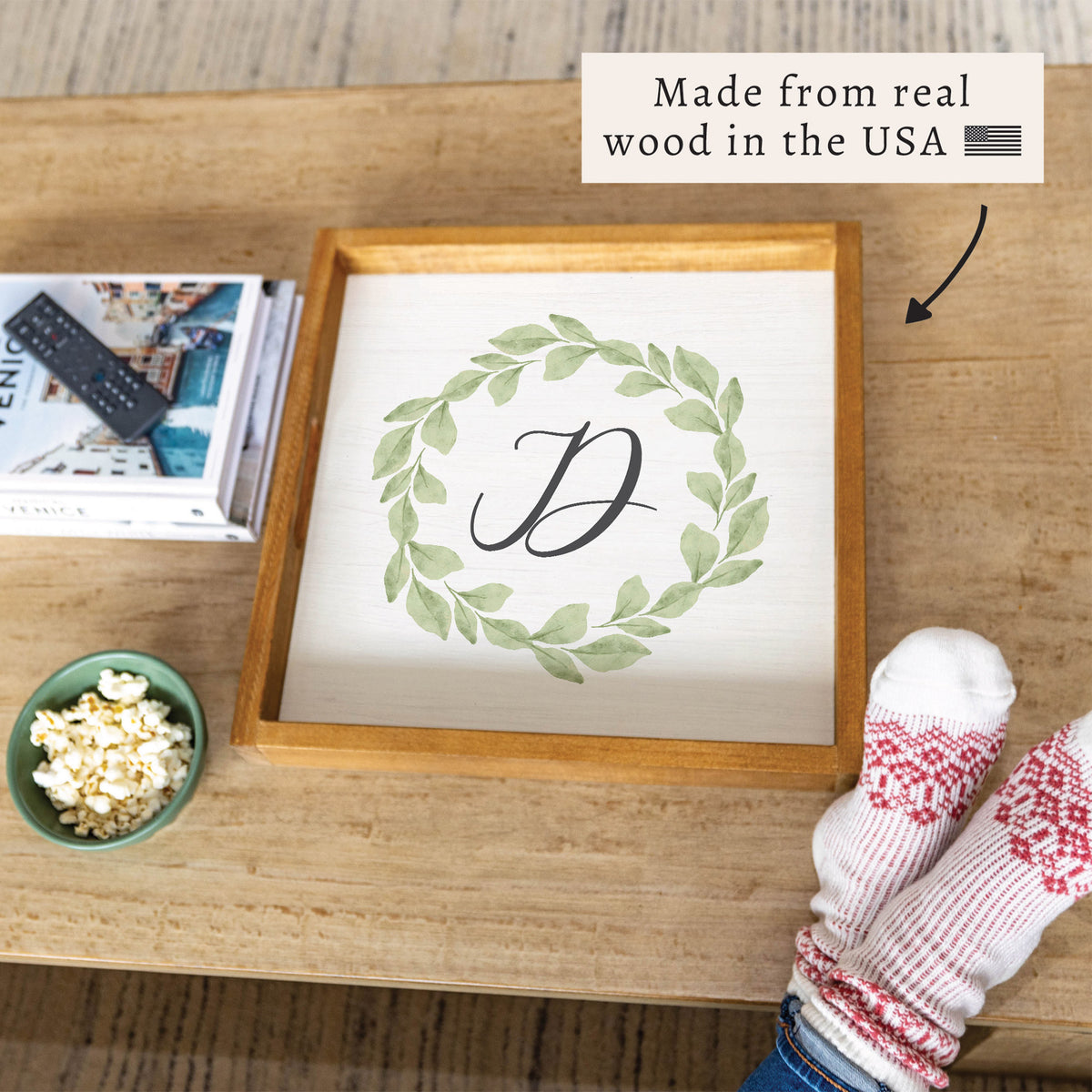 Greenery Laurel Initial Personalized Serving Tray