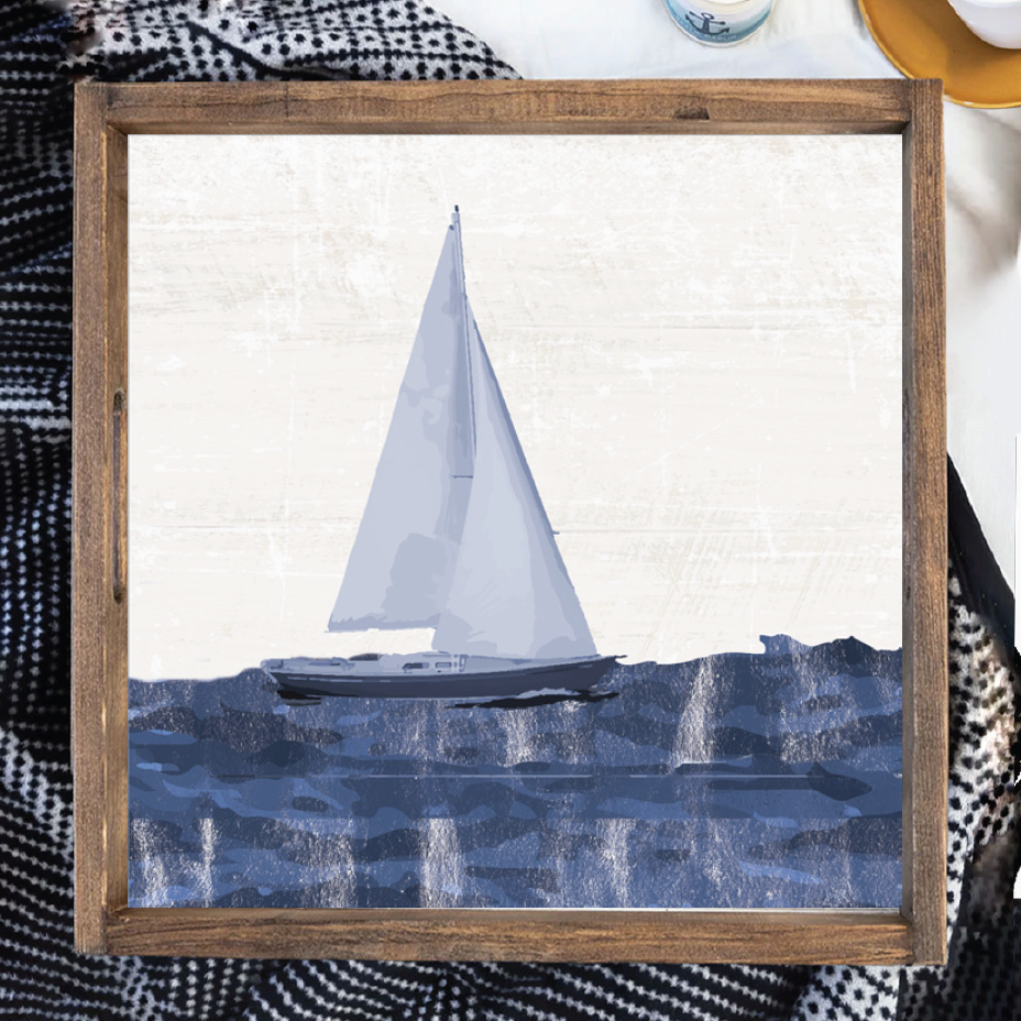 Indigo Sailboat Wooden Serving Tray