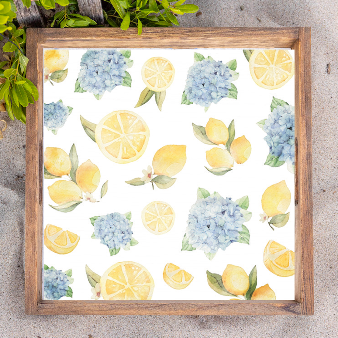 Hydrangea Lemon Wooden Serving Tray