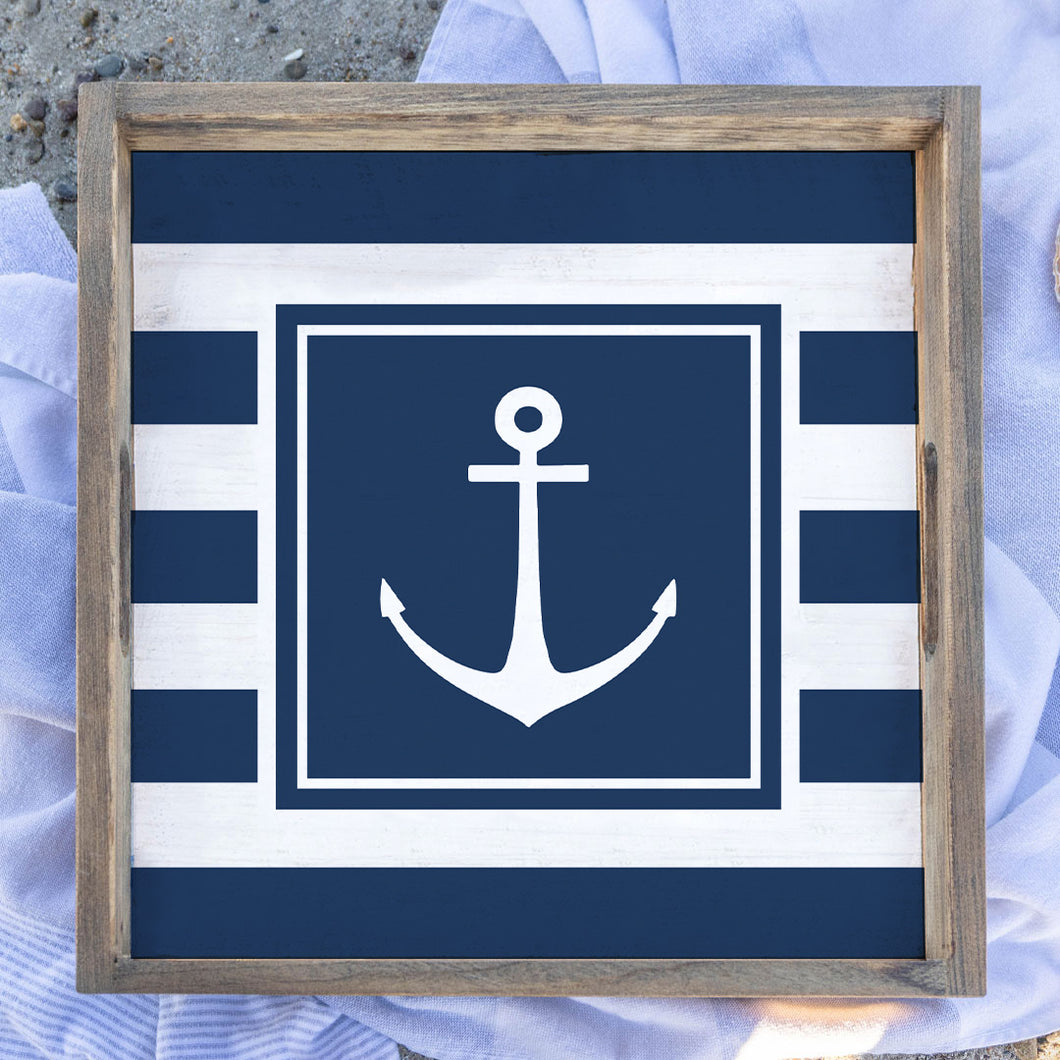 Navy Anchor Stripes Wooden Serving Tray