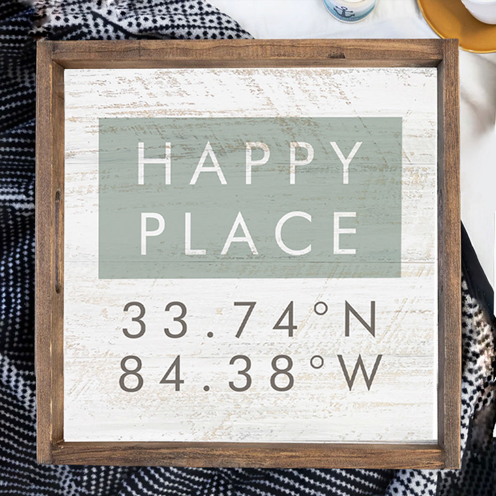 Personalized Happy Place Coordinates Wooden Serving Tray